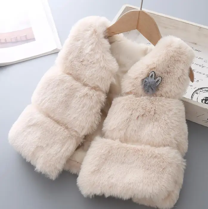 beige color Детские На зимнем меху жилет модная детская теплая куртка для девочек Детская верхняя одежда из искусственного меха жилет без рукавов Верхняя одежда От 2 до 4 лет, детская одежда - Цвет: beige color