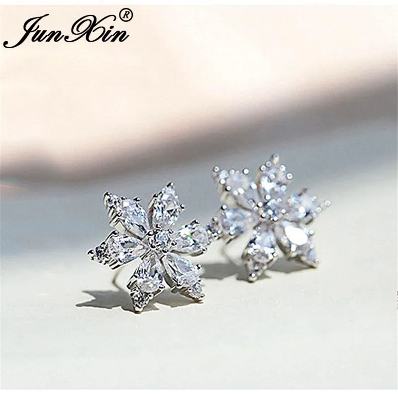 Snowflake Cubic Zirconia Ear Studs 925 Sterling Silver With Handmade Prong Setting