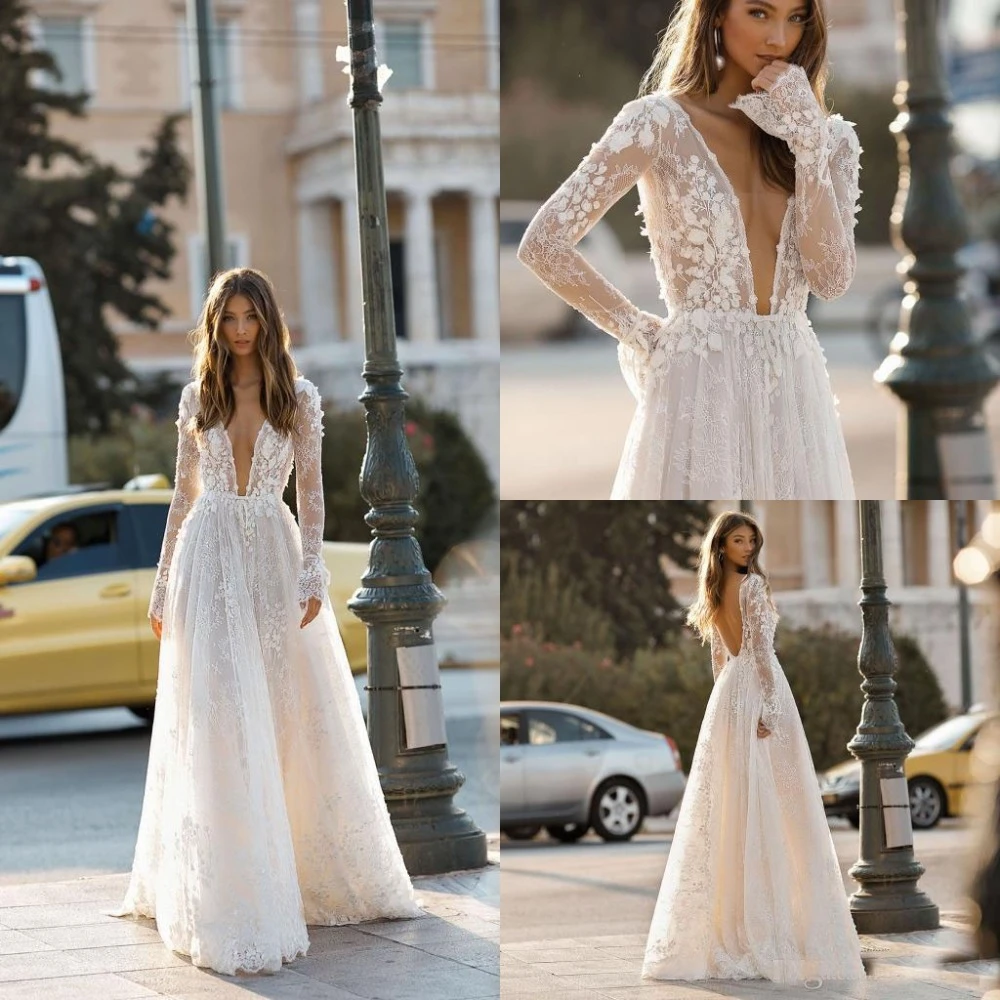 2019 Berta de manga larga vestidos de novia de encaje con flores 3D cuello en V Sexy espalda descubierta jardín vestidos de de - AliExpress