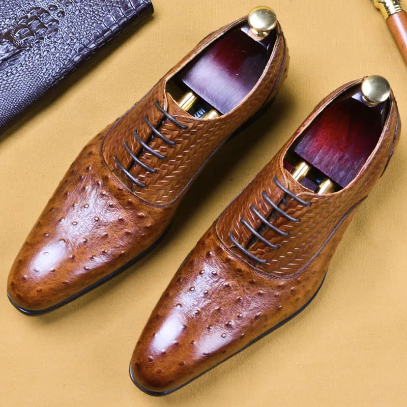 

2019 New Men's Formal Dress Shoes Italian Vintage Business Wedding Crocodile Shoes Handmade Genuine Cow Leather Flat Oxford Shoe