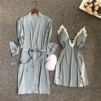 

Women 2PCS Nighty&Robe Suit Satin Lace Kimono Bathrobe Gown Intimate Lingerie Sleepwear Sexy Nightdress Nightgown Homewear