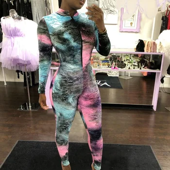 

ANJAMANOR Tie Dye Print Sexy Jumpsuit Party Club Wear Front Zipper Long Sleeve Bodycon One Piece Romper Gym Clothing D41-AE84