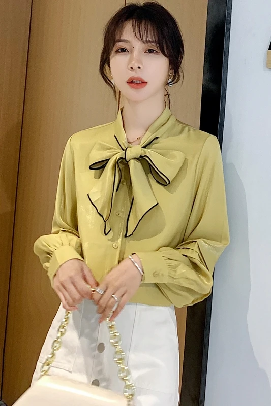 2019 Autumn Women Shirts Bow Full Sleeve Loose + Small Sweet Wind Design Niche Blouse Shirt Yellow 1123
