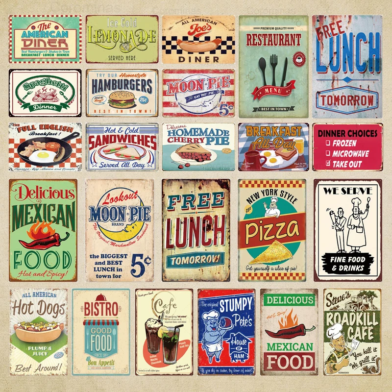 

Classic Bistro Food Metal Poster Tin Sign Vintage Beer Lunch Metal Plates for Bar Pub Wall Decor Plaques Kitchen Room Wall Signs
