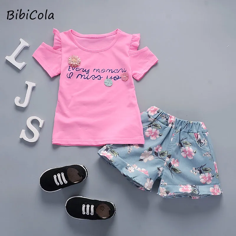 BibiCola-Conjuntos de ropa de algodón para niñas pequeñas, Tops de flores + Pantalones cortos, 2 uds.