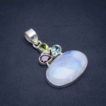 

Natural Rainbow Moonstone,Blue Topaz,Garnet and Peridot 925 Sterling Silver Pendant 1.75" B3217