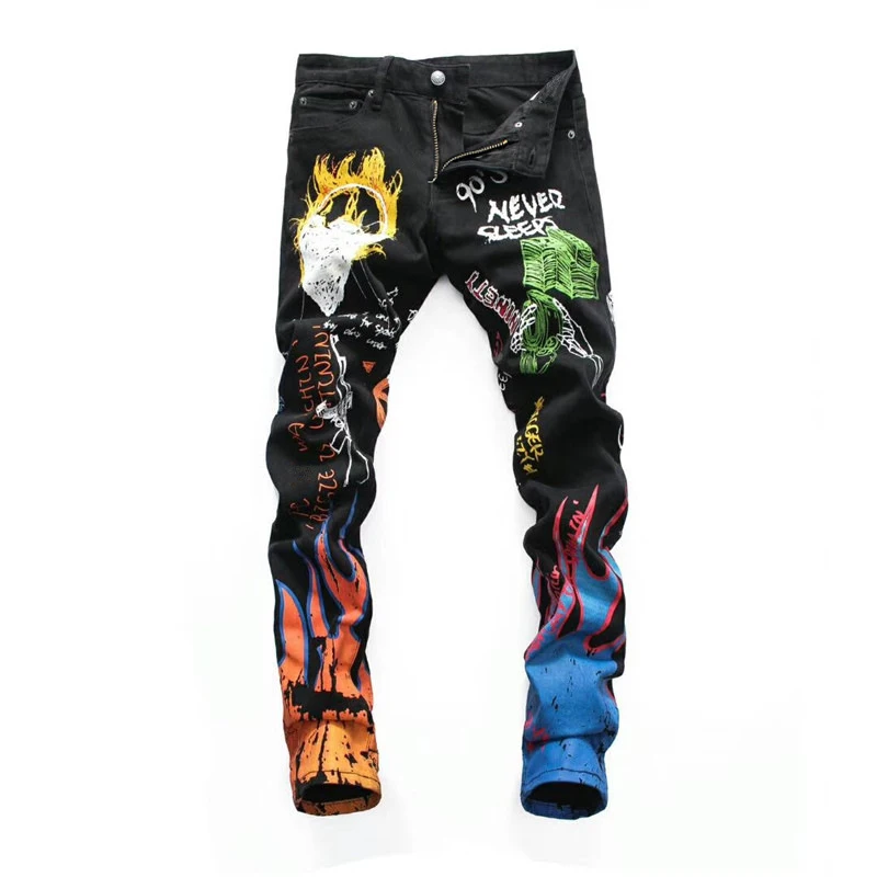 Fashion Streetwear Men Jeans Black Color Paint Printed Jeans Men Designer Hip Hop Pants Slim Fit Elastic Punk Style Pencil Pants Fashion Streetwear Men Jeans Black Color Paint Printed Jeans Men Designer Hip Hop Pants Slim Fit Elastic Punk Style Pencil Pants