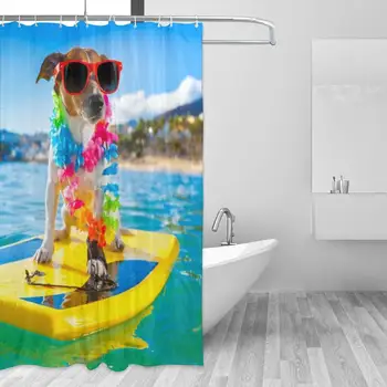 

72"x72" Pretty Bath Decor Curtains, Sunglasses Garland Summer Dog On Surfboard Hawaiian Beach Shower Curtain Set with 12 Metal