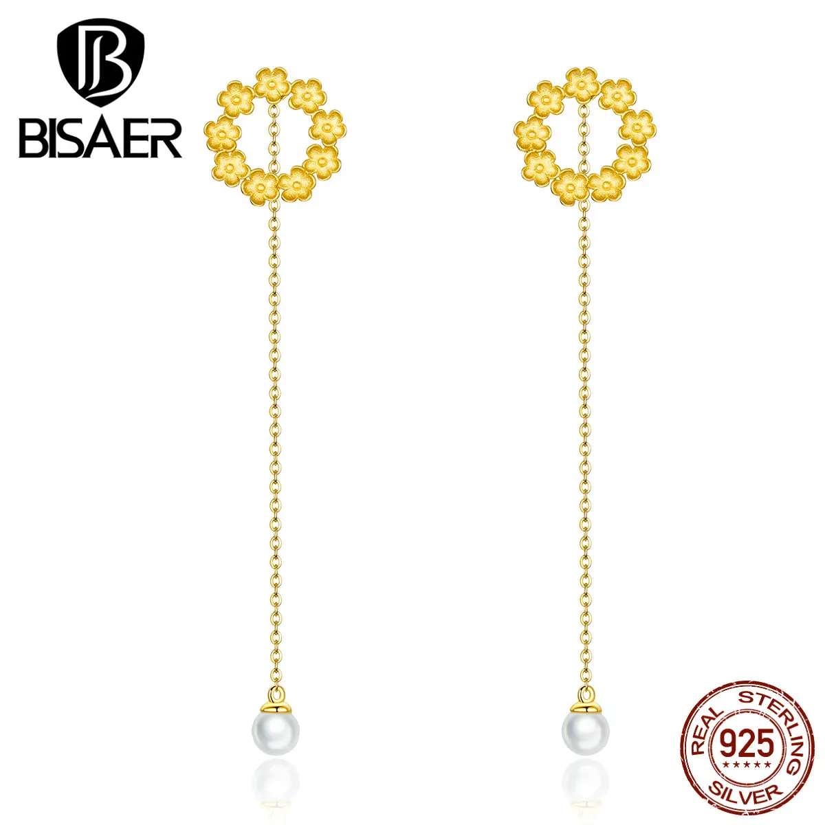 

Love Flower BISAER 925 Sterling Silver Sun Flower Long Chain Drop Earrings for Women Vintage Luxury Silver Jewelry EFE290