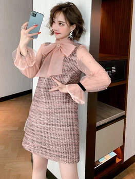 

Stand-up collar, bowknot, lace yarn, flared sleeves and tweed fake two-piece dress female 2020 autumn new