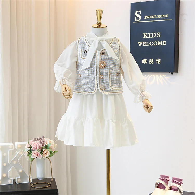 

5475 Cute Pearls Embroidery Princess 2020 New Spring Easter Day Baby Girl Clothing Set Vest Top Jacket + Dress Wholesale Clothes