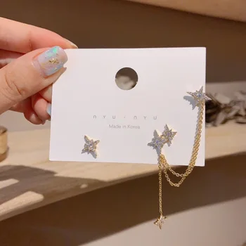 

925 Silver Needle Korean Geometric Clip Earrings for Women Meteor Rhinestone Gold Long Chain Non Pierced Earrings Charm Jewelry