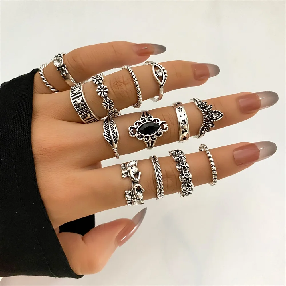 14pcs/set Vintage Geometric Joint Ring Set For Women Elephant