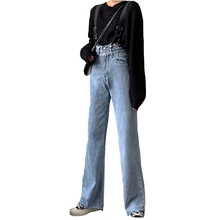 Съемный джинсовый комбинезон, широкие джинсы для женщин, повседневные Длинные Джинсы бойфренда с высокой талией, свободные прямые джинсы на кнопках
