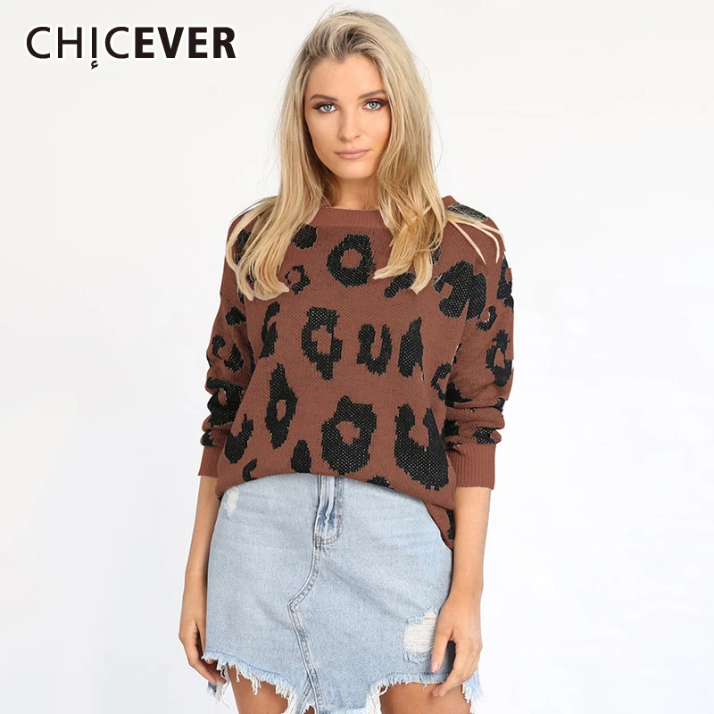 

CHICEVER Leopard Sweater Jumper Women Lantern Sleeve O Neck Fashion New Autumn Slim Pullover Clothes Sweaters Female 2019 Casual
