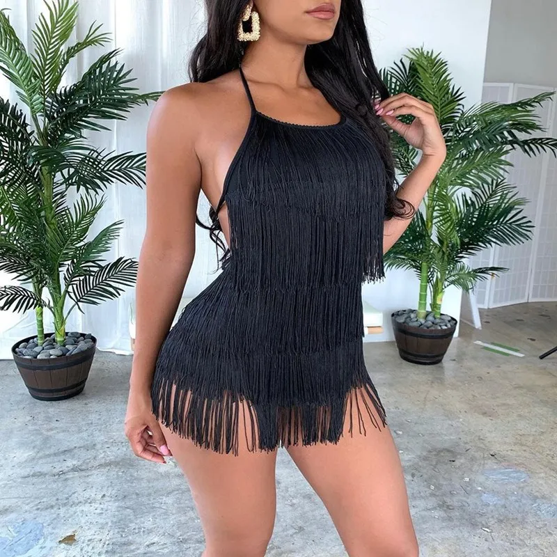 

Autumn V Neck Tassel Sexy Jumpsuit Women Elegant Black Short Jumpsuits Plus Size Women Backless Bodysuit