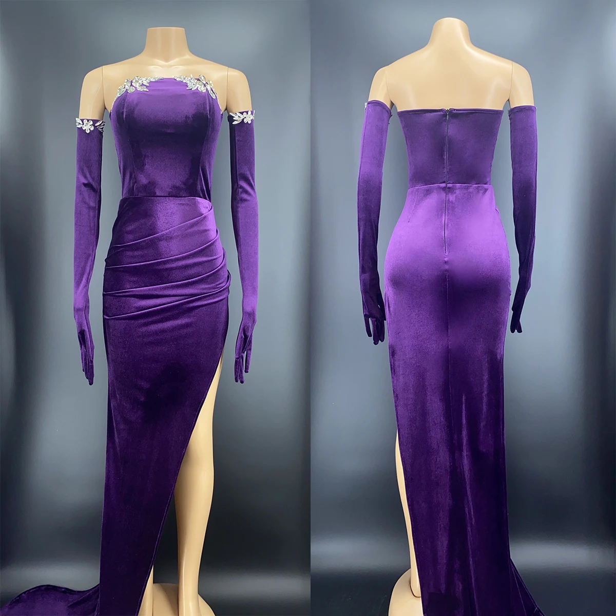 

Purple Velvet Crystals Evening Long Train Dress Gloves Tube Top Dresses Women Prom Outfit Birthday Celebrate Costume XS3075