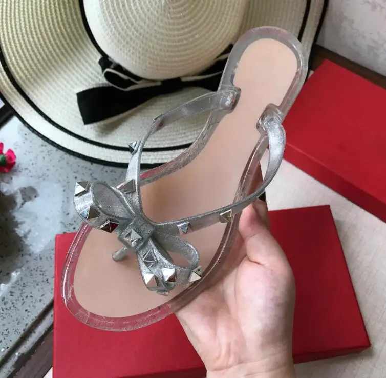 Summer Beach Sandals Woman Flip Flops PVC Slides Female Sandals Rivet Bowknot Slip on Flat with Women Studs Slippers Jelly Shoes