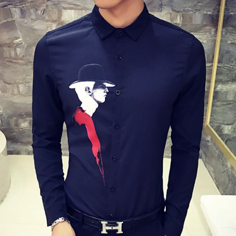 Горячая новинка Мужская рубашка Camisa Masculina с длинным рукавом мужская рубашка из хлопка с принтом Облегающая рубашка Уличная Повседневная рубашка