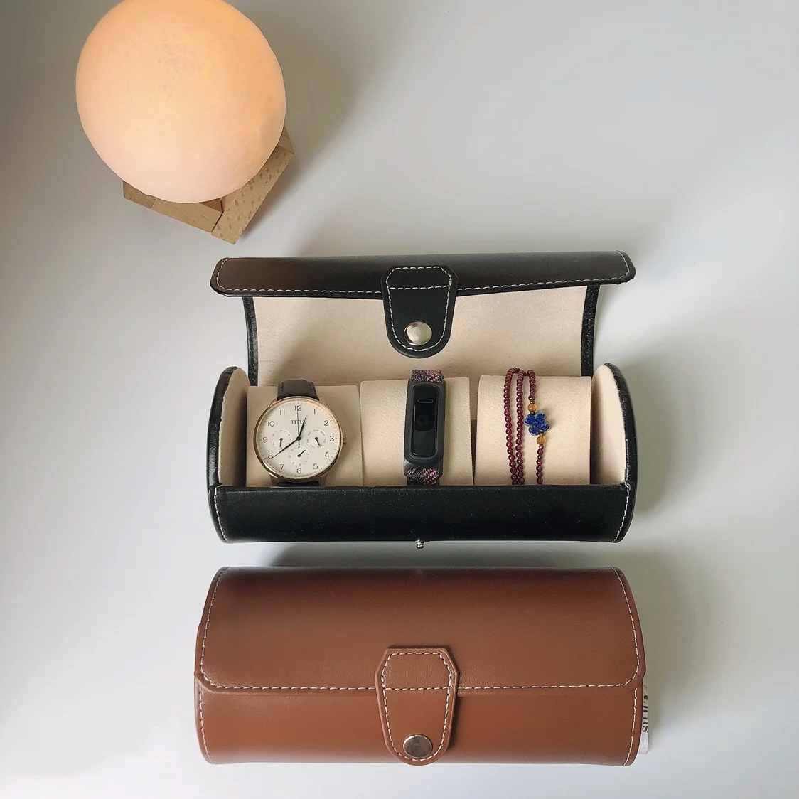 

3 Slots Watch Roll Travel Box Home Bracelet Waistband Organzier Black Brown PU Storage Holder