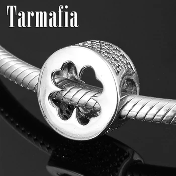 

925 Sterling Silver Beads Round Clear Zircon Hollow Lucky Clover Pattern Charms Fit Original Women Charm Bracelets Bangels DIY