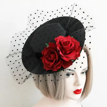 

Black Party Hats with Red Handmade Flowers Vintage Girls Prom Dancing Party Headwear Black Dot Tulle Party Favor T204