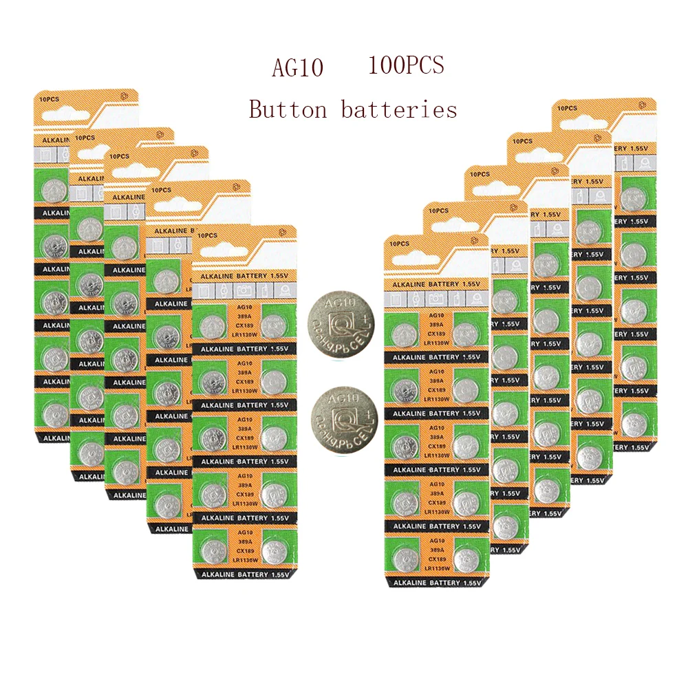 

AG10 100 шт. 1,55 в AG 10 LR1130 10 мАч щелочная батарея, батарея для монет G10A SR54 189 SR1130 L1131, кнопочные батареи для часов, игрушек