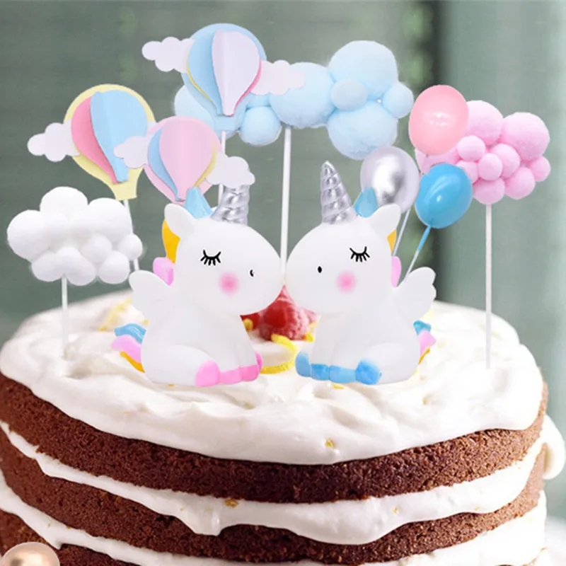 Радуга Единорог торт Топпер помпон облако флажки для кексов детского душа Дети