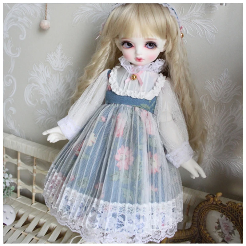 Одежда для кукол 1/6 BJD платье Голубое Кружевное 1/4 аксессуары + лента волос носки