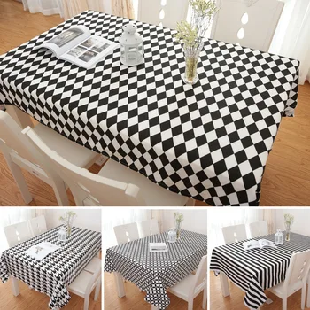 

Modern Cotton and Linen Tablecloth with Rectangular Black and White Stripe Printing, Waterproof and Wear-resistant Tablecloth