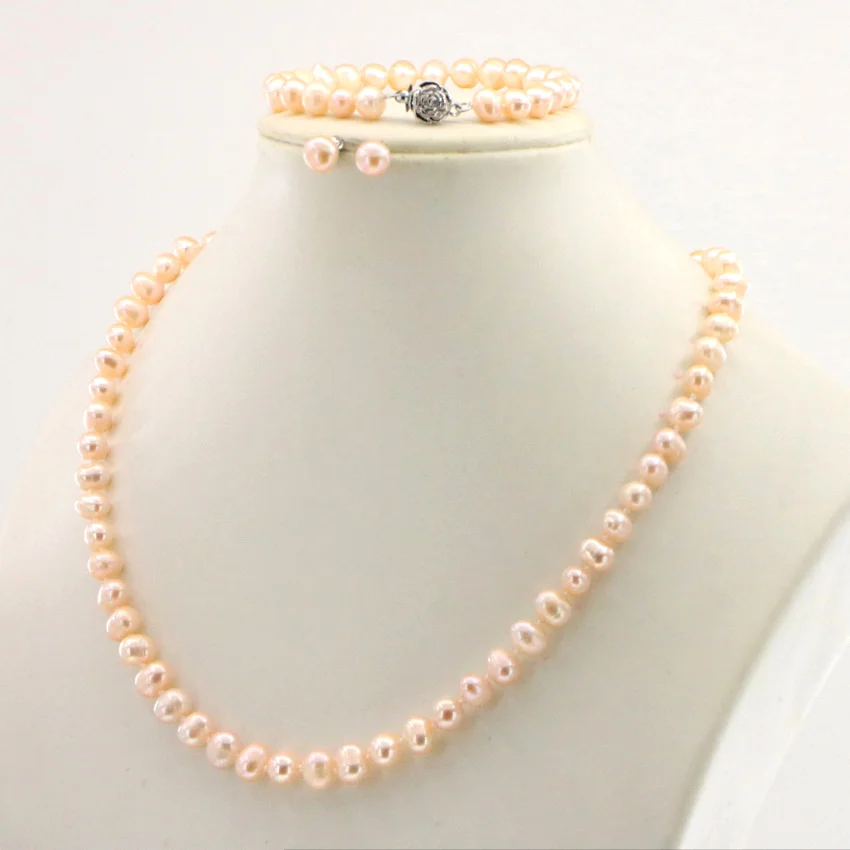 WUBIANLU 4 colors 7-8mm Pink Pearl Necklace Bracelet Earring Sets Women Jewelry Making Design Fashion Style Girl Gift Wholesale (21)