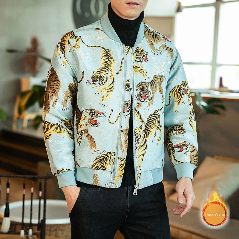 Осенняя куртка, утолщенная винтажная Мужская куртка, Chaquetas Hombre Corta Vientos Hombre Ropa Hombre, Свободное пальто с вышивкой животных - Цвет: JK88lightblueThicken