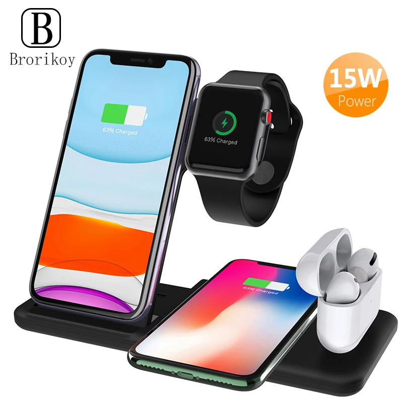 15W 4 in 1 Wireless Charger Stand for iPhone 11 Xs Max X 8 Apple Watch 5 3 2 Airpods Pro Fast Charging Foldable Base | Мобильные