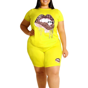 

Plus Size Two Piece Set Tracksuit Leopard Lips Short Sleeve Top + Shorts 2 Piece Outfits for Women Overalls Outfit AM2096