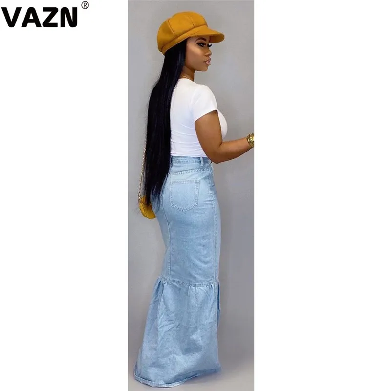 VAZN BN9212 новые джинсовые юбки для молодых леди Из заметок Неопрятные сексуальные однотонные с высокой талией дикие Джокер обтягивающие женские макси-Юбки Русалки