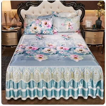 

Free shipping bed cover skirted machine washable cool bedspreads air conditioning soft bed sheet lace edge non-slip Ice silk ma