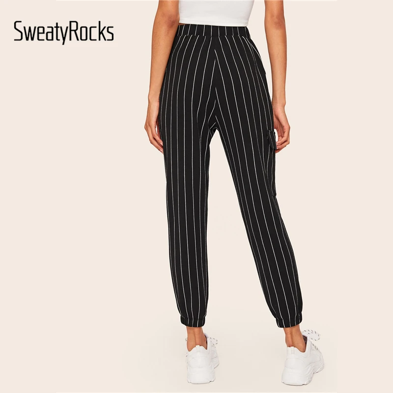 Черные укороченные штаны в Вертикальную Полоску с косыми карманами SweatyRocks одежда для активного отдыха брюки-галифе осенние женские повседневные штаны для активного отдыха