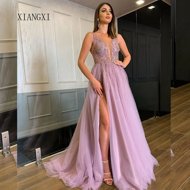 

Robe De Soiree Champagne Evening Dress Long V-neck Spaghetti Strap Beaded Evening Dresses 2019 vestio de festa