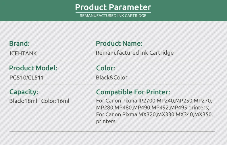 printer cartridge Icehtank Compatible 510XL Ink Cartridge Replacement for Canon PG510 PG-510 PG 510 for Pixma MP240 MP250 MP260 MP270 MP280 480 replacement ink