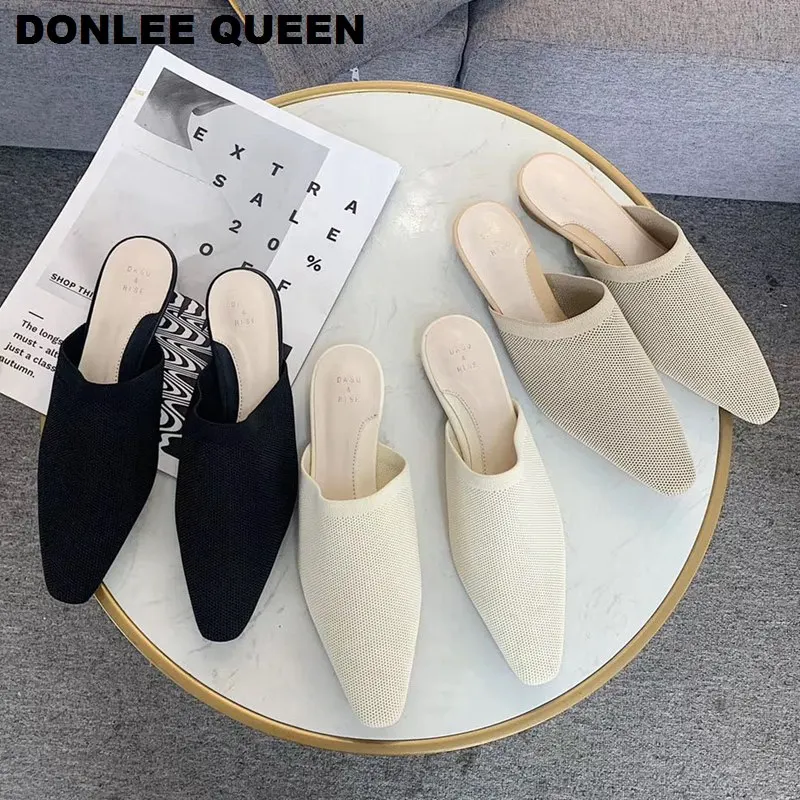 

Fashion Women Mules Slippers Casual Knitting Pointed Toe Flat Heel Female Outsides Slides Slip On Shallow Shoes zapatos de mujer