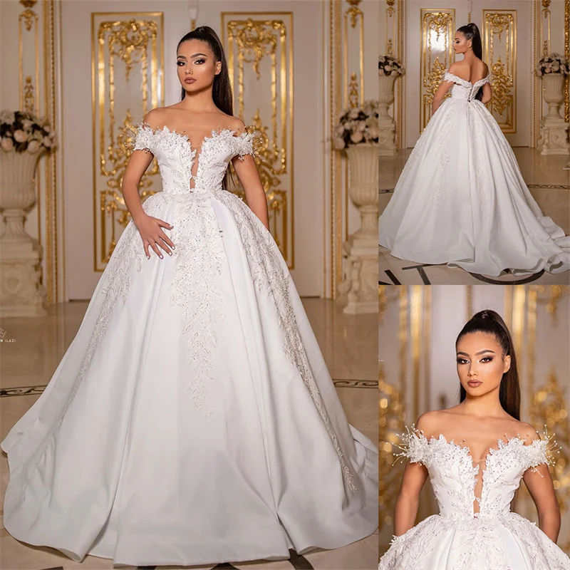 

Pearls Wedding Dress Appliques Sweetheart Off Shoulder Bridal Gowns Custom Made Lace Up Sweep Train Vestido de novia