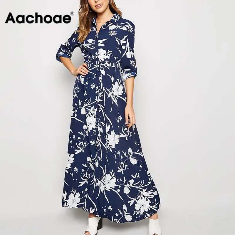 Aachoae 2020 Floral Print Long Women Dress Vintage Loose Female Buttons Shirt Dress Turn Down Collar Ladies Office Split Dresses Aachoae 2020 Floral Print Long Women Dress Vintage Loose Female Buttons Shirt Dress Turn Down Collar Ladies Office Split Dresses