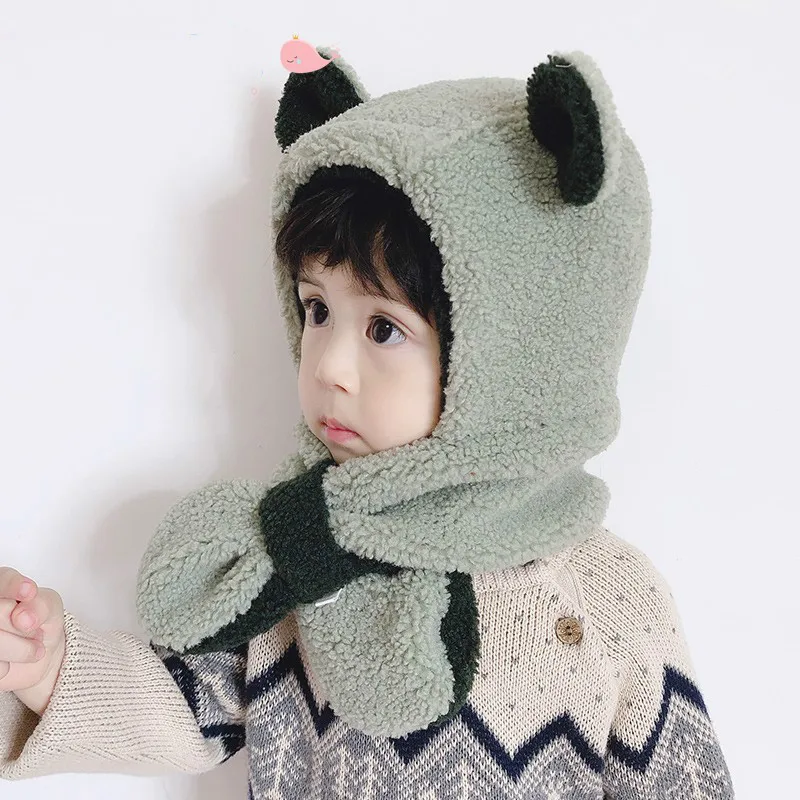 

Children's Scarf Cap set Baby Ear Cute Warm Boys Girls Autumn And Winter Thicken hat 1-3years