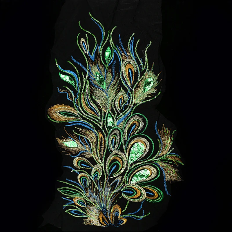 

DIY Craft Embroidered Sequins for Peacock Cloth Feather Applique Sew Trim 60X35cm