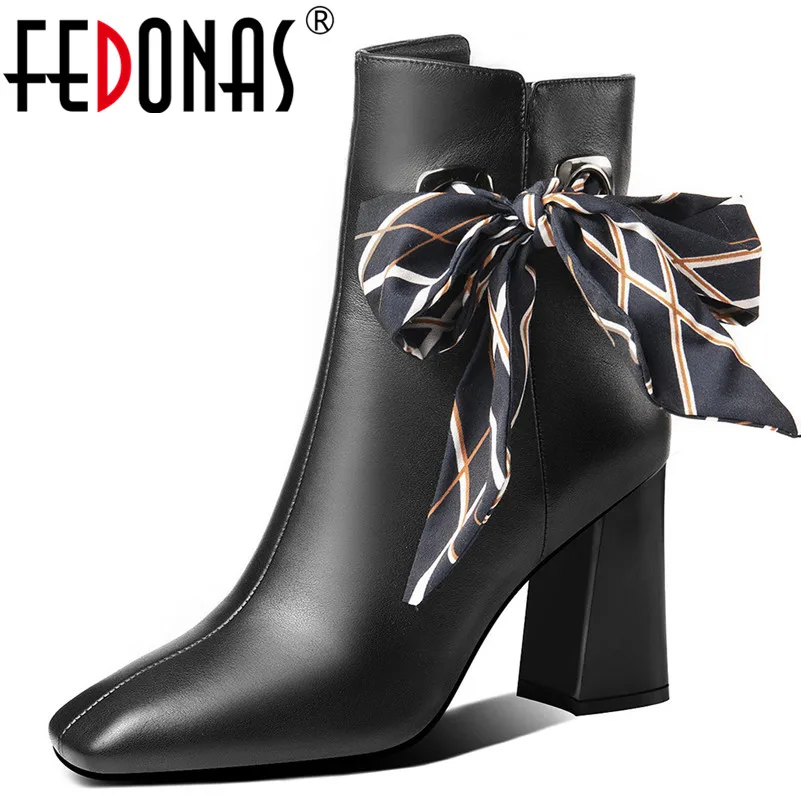 

FEDONAS Female Quality Genuine Leather Ankle Boots High Heels Butterfly Knot Chelsea Boots Prom Dancing Shoes Woman Warm Boots