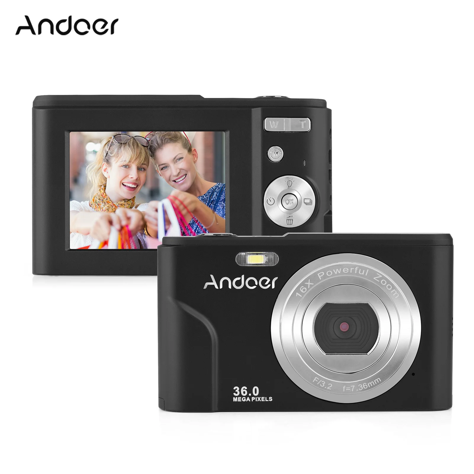 Andoer-cámara Digital 1080P con 2 uds. De batería integrada, detección facial Anti-vibración, montaje 1/4 con correa de mano, bolsa de transporte