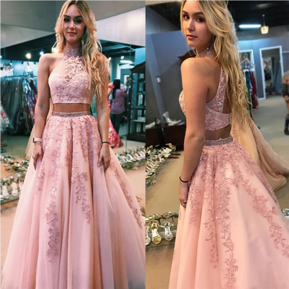 

Fashion Pink Lace 2 Pieces Prom Dresses 2019 New O-Neck Beading A-Line Evening Party Gowns Tulle Sleeveless Formal Dresses
