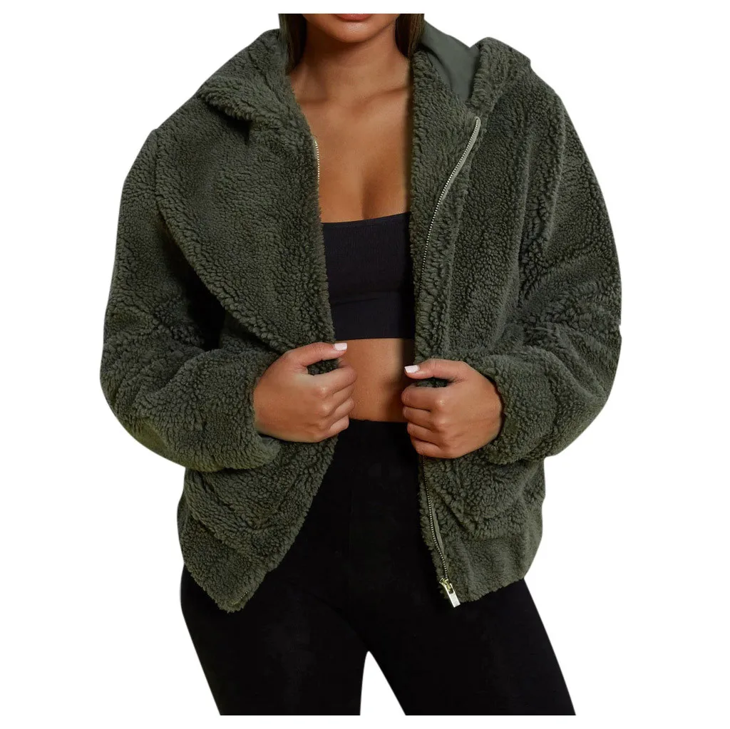 Женская зимняя куртка, пальто с подкладкой из толстого меха, Женское пальто с отворотом, флисовая, пушистая, искусственная овечья шерсть, на молнии, с капюшоном, теплая верхняя одежда, куртка