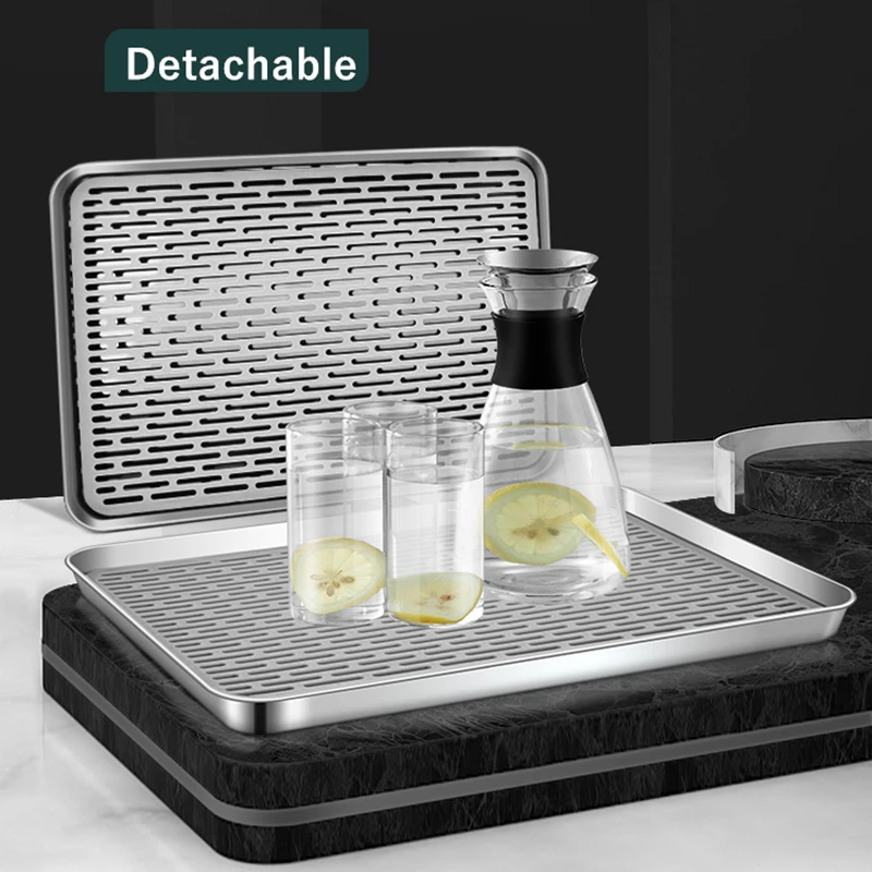 Tea Tray 304 Stainless Steel Chinese Tea Tray Rectangle Hollow Drain Board Barbecue Filter Oil Plate Cup Food Storage Pan Ceremony Tools