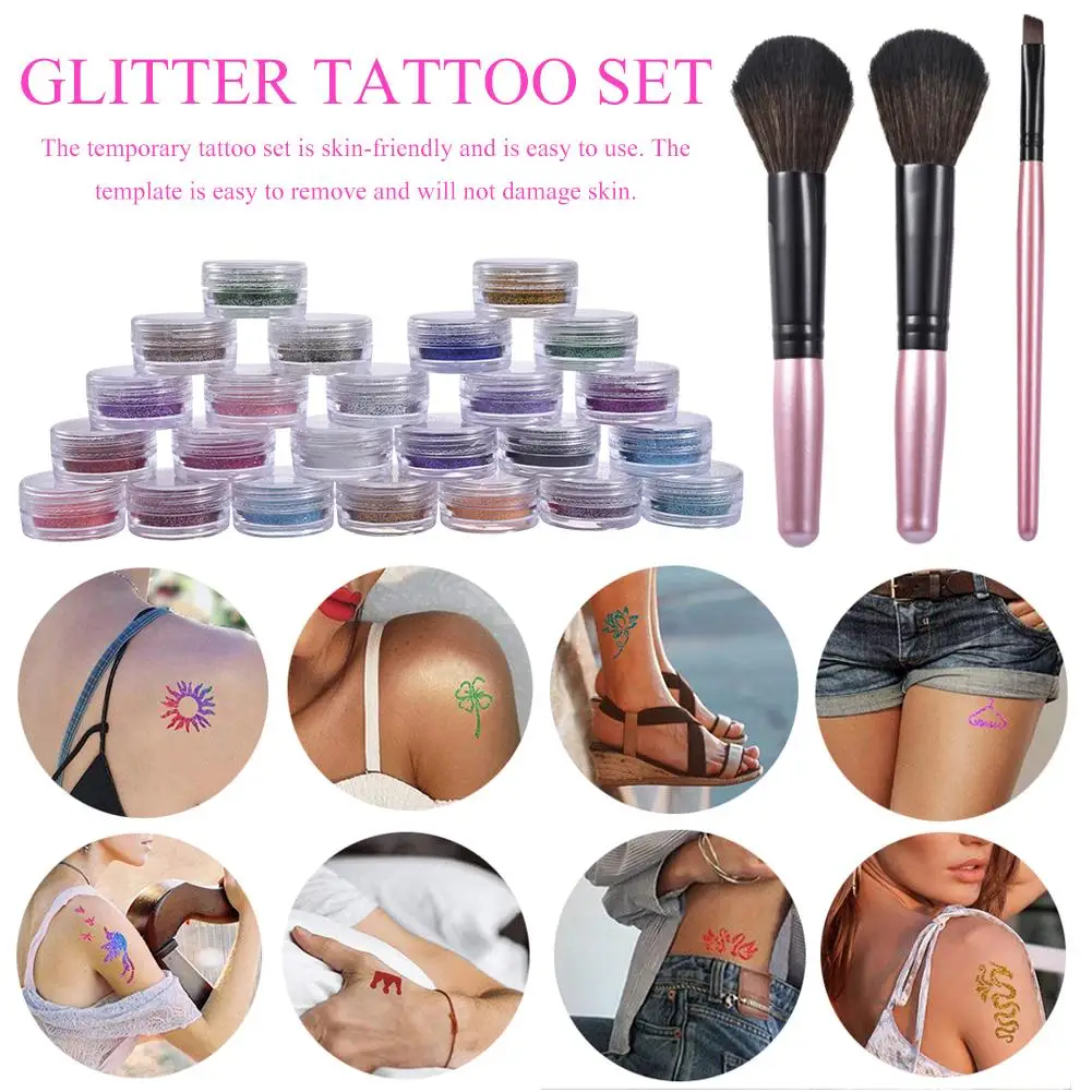 24Pcs Color 120 Templates Set Flash Diamond Glitter Flash Powder For Temporary Tattoo Set Kids Face Body Painting Art Tools Suit